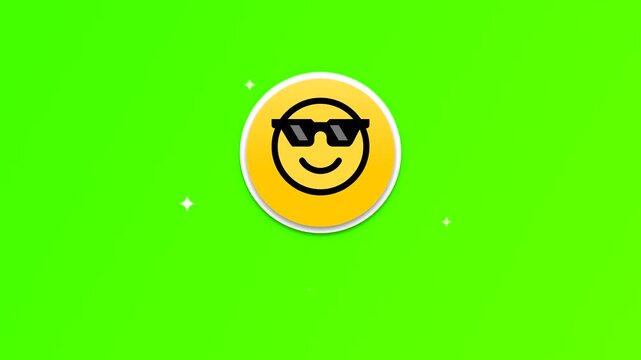 Cool Smiley Face Emoji Wearing Sunglasses, Animated Yellow Sticker Icon, Green Screen Key Background Motion Graphic