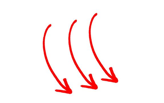 Three red curved arrows pointing down right, hand drawn thin brush lines with arrowheads, flowing arc doodle set, red ink vector isolated on white background and business concepts