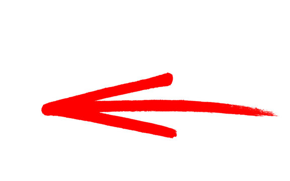 Heavy red brush stroke arrow pointing left, thick bold hand painted marker pointer with dry brush edge and big arrowhead, red ink vector isolated on white background and business concepts