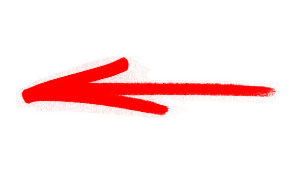Bold red grunge brush arrow pointing left, thick hand painted pointer with rough dry ink edges and wide arrowhead, red ink vector isolated on white background and business concepts
