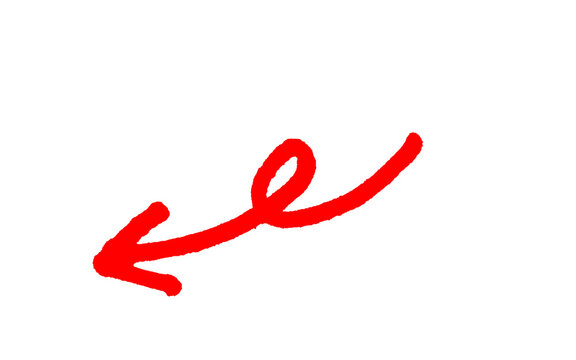 Red curly loop arrow pointing left, hand drawn thick brush stroke with small curl and bold arrowhead, marker swirl pointer, red ink vector isolated on white background and business concepts