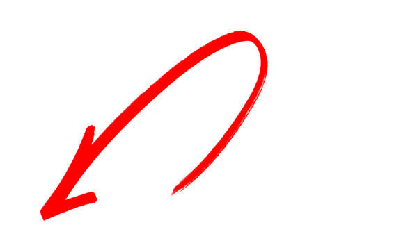 Large red looping curved arrow, hand drawn brush swoosh with circular loop and arrowhead pointing down left, bold marker doodle, red ink vector isolated on white background and business concepts