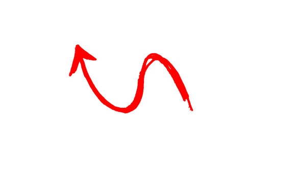 Red wavy S curve arrow with arrowhead pointing up left, hand drawn brush squiggle doodle, flowing marker curve, red ink vector isolated on white background and business concepts and creative projects