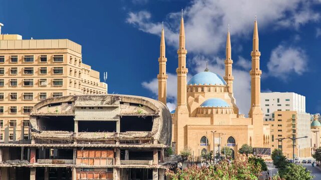 A view of the Saint George Maronite Cathedral and the Mohammad Al-Amin Mosque at the historic centre of Beirut, in Lebanon, down town. Ancient Roman, Hellenistic, Byzantine ruins on the foreground.