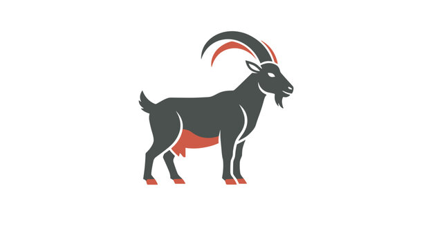 Vector silhouette of a mountain goat standing proudly with impressive curved horns and red accents on white background.