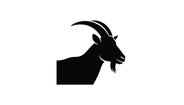 Solid black silhouette portrait of a mountain goat head showing large curved horns and a distinctive beard.