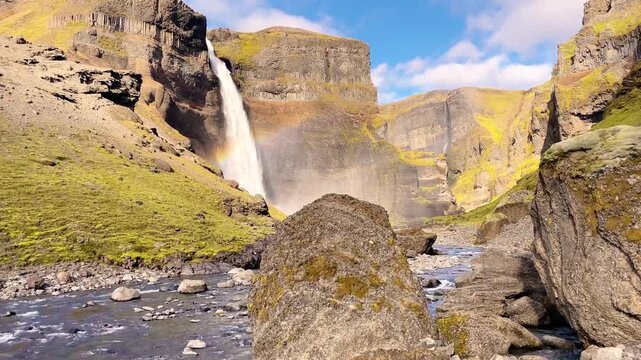 Majestic Aerial View of H&aacute;ifoss Waterfall and Canyon in Iceland