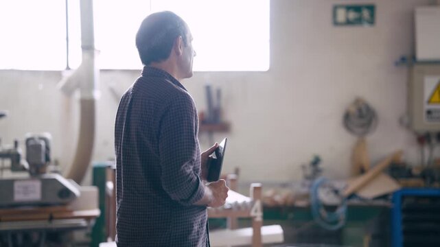 Male carpenter holding a digital tablet while walking inside his modern workshop. He is checking the quality of his wooden products