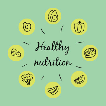 Healthy Nutrition Concept Vector Illustration - Radial Layout with Hand Drawn Food Line Art Icons, Avocado, Salmon, Vegetables, Fruits, and Cursive Lettering on Mint Green Background