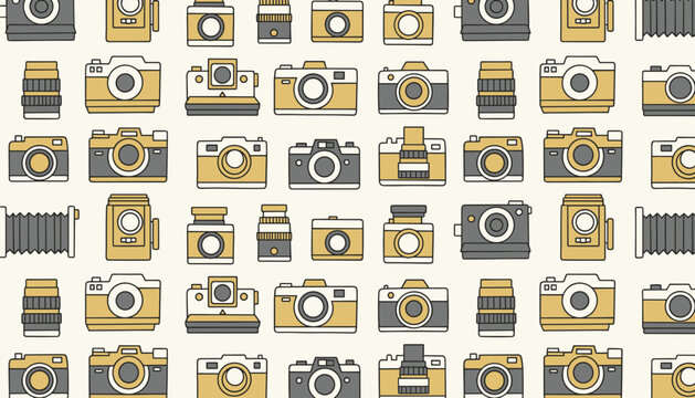 A seamless repeating pattern of vintage cameras and camera lenses in yellow, grey, and white colors on a light background.