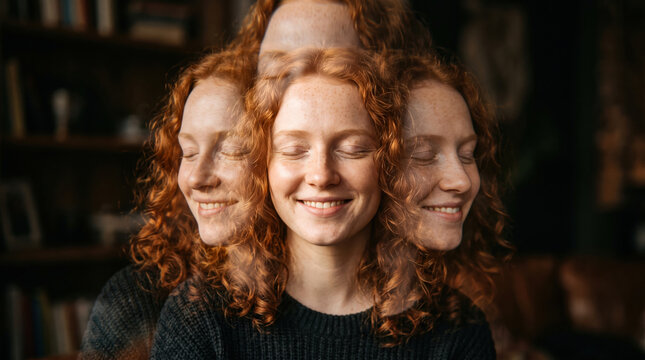 Red haired woman with multiple exposure portrait effect and closed eyes for creative identity and artistic expression