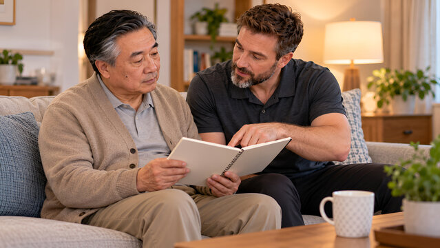 Compassionate male caregiver assisting elderly Asian man with book, senior home care support, intergenerational bonding in cozy living room