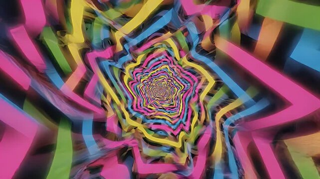 Colorful Zigzag Tunnel Abstract Design - A vibrant, abstract tunnel effect with colorful zigzag patterns in yellow, pink, blue, and green receding into a central point.