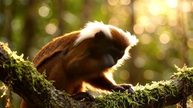 Cotton Top Tamarin Monkey in Amazon Rainforest Sunlight - A close-up of a cotton top tamarin monkey perched on a moss-covered branch in the Amazon rainforest, illuminated by warm golden sunlight.