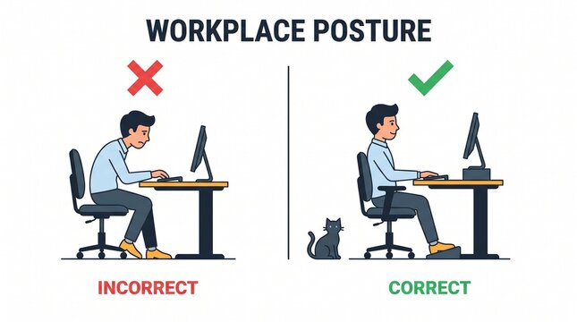 Illustration comparing correct and incorrect sitting posture for a person working at a computer desk with job