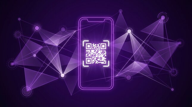 Smartphone with glowing qr code and digital network connections on a dark purple background with connectivity