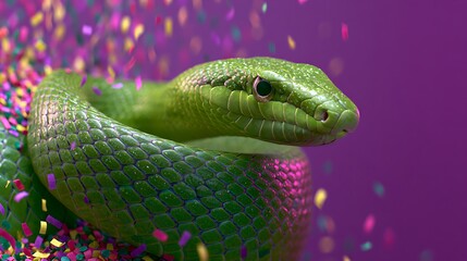 Fototapeta premium Vibrant Green Snake Portrait with Colorful Confetti on Purple Background