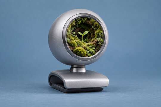 A silver webcam holds a moss garden and seedling where its lens would be against blue, reframing constant visibility as an opportunity to redirect attention toward privacy, growth and personal space.