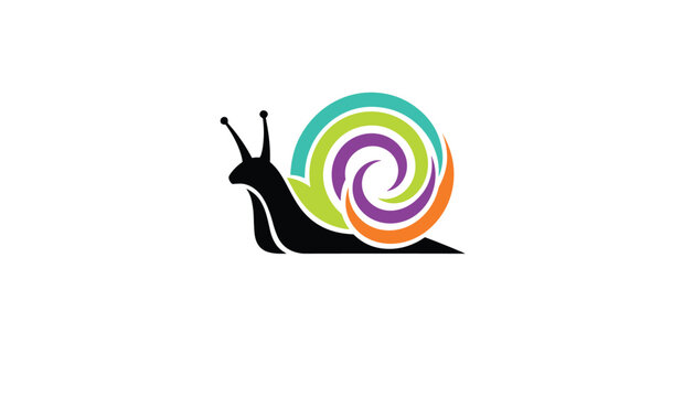 Creative snail vector logo featuring a black snail body and a colorful swirling shell in teal, green, purple, and orange shades.