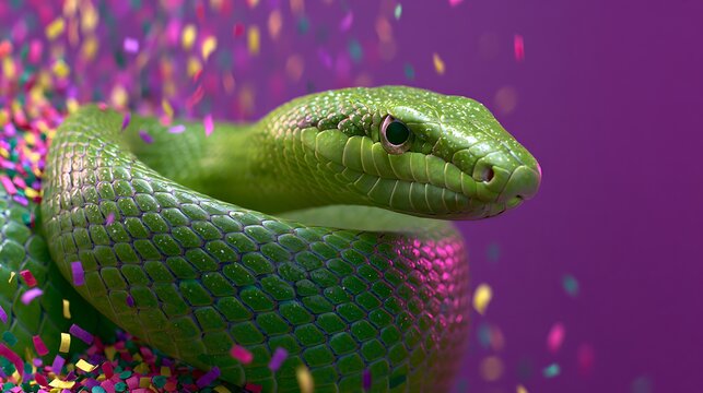 Vibrant Green Snake Portrait with Colorful Confetti on Purple Background