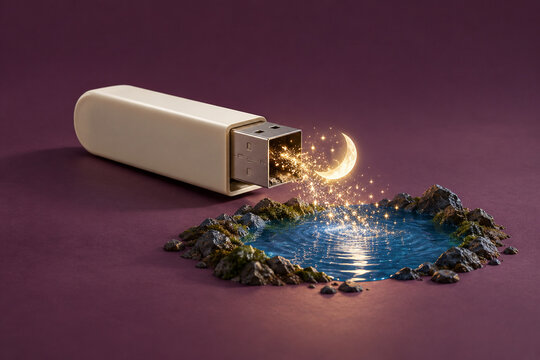 An ivory flash drive releases a crescent moon above a blue pool against plum, suggesting that setting data aside can make room for imagination, quiet wonder and experiences beyond digital storage.