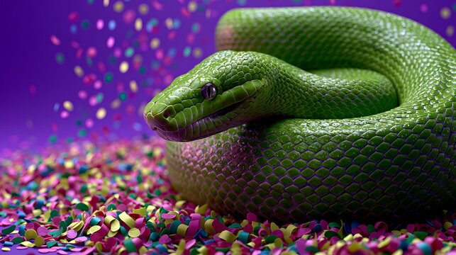 Vibrant Green Snake Coiled in Colorful Party Confetti on Purple Background