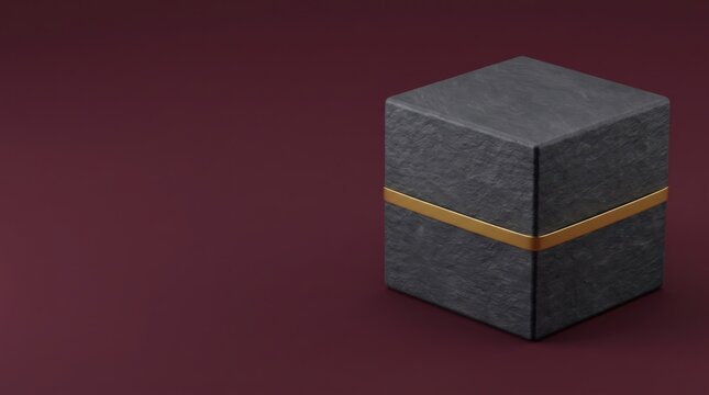 Minimalist dark stone cube with a thin gold band centered on a deep burgundy background