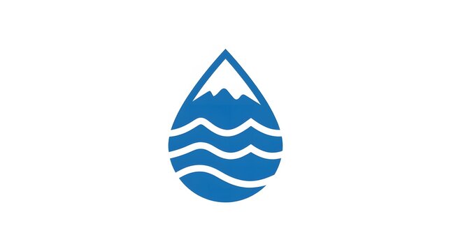 Minimalist blue water drop icon with a mountain peak and waves, clean logo design on a white background
