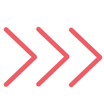 Three red chevron arrows pointing right. Simple direction and next step icon illustration isolated on white background.