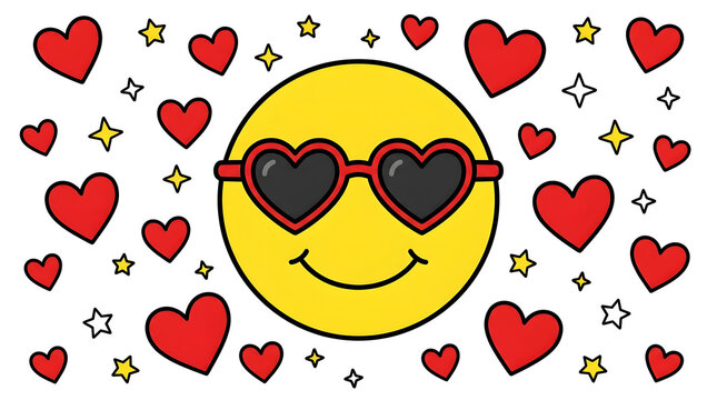 Happy Smiley Face with Heart Sunglasses Surrounded by Red Hearts and Stars