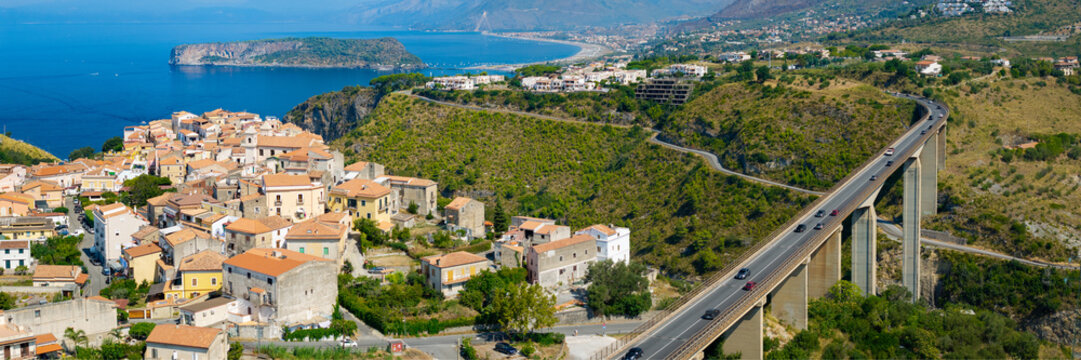 San Nicola Arcella One of  the most beautiful villages Calabria Italy Drone  Panorama Historic Town Bridge Coastal Cliffs Isola di Dino Riviera dei Cedri High Resolution World Print Fine Art photo