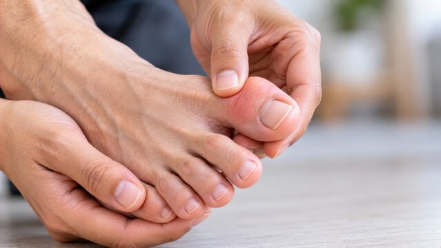 Close up view of inflamed big toe showing gout symptoms or podiatry issues for medical health concept.