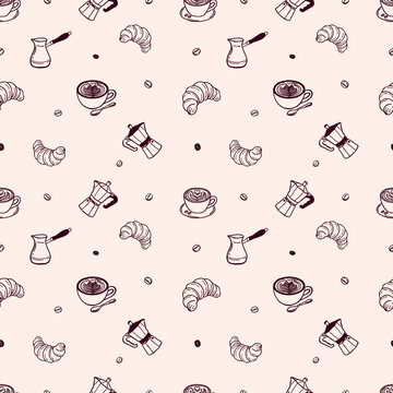Seamless coffee pattern with croissant, moka pot, cezve and cup