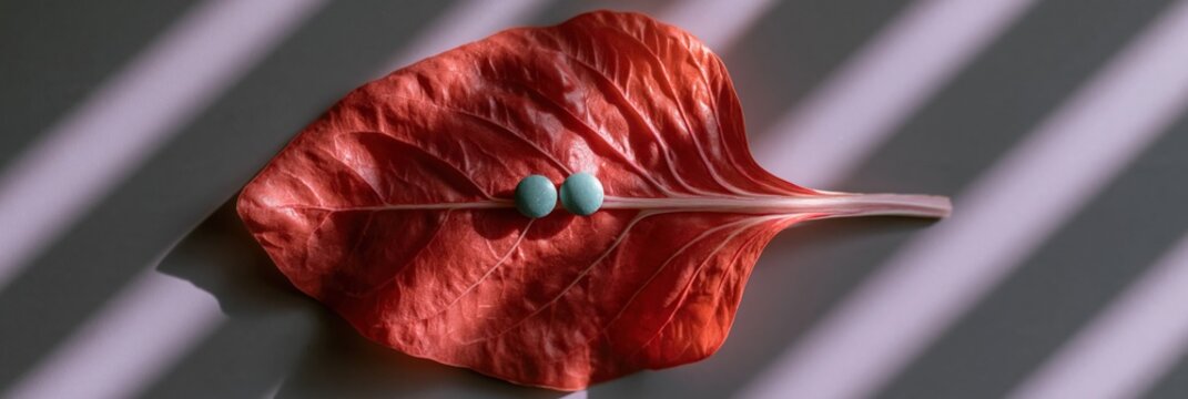Red leaf with two turquoise pills minimalist closeup with soft diagonal light for product banner and elegant background design