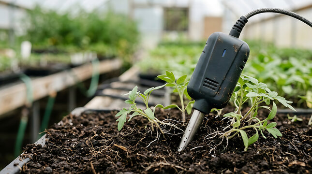 Soil moisture sensor probe in greenhouse, digital agricultural equipment measuring earth humidity, smart farming technology for plant growth