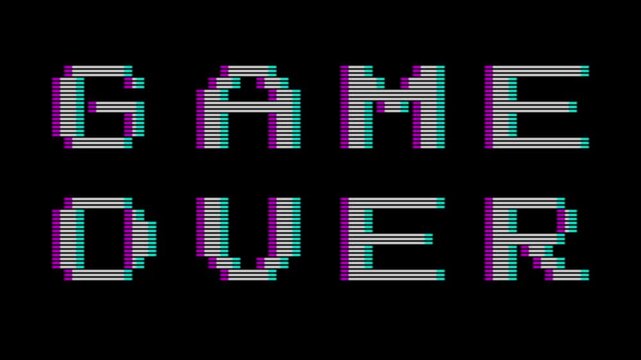 Glitchy game over text with retro vhs distortion on black background