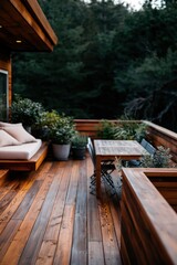 Fototapeta premium Wet wooden deck terrace with outdoor sofa, dining table and potted plants for rustic patio background and outdoor living design