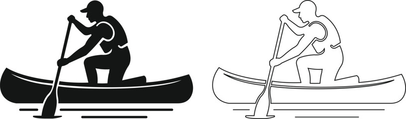 Canoe kayak kayaking paddle rower water sport icon set collection in black flat and line style editable outdoor activity elements group isolated on transparent background vector symbol © Asia