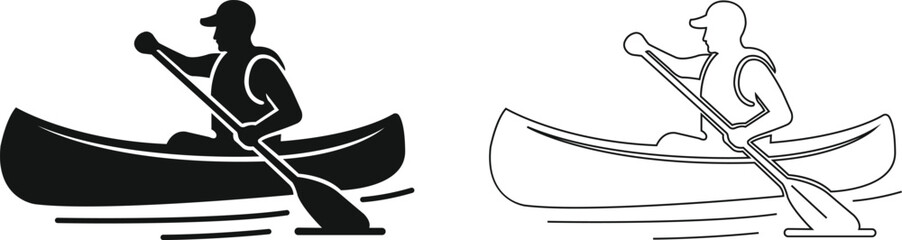 Canoe kayak kayaking paddle rower water sport icon set collection in black flat and line style editable outdoor activity elements group isolated on transparent background vector symbol © Asia