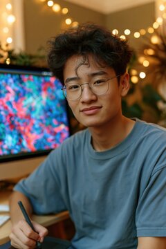 Young man digital artist at desk with drawing tablet and warm bokeh lights for portrait background and creative workspace