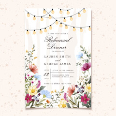 Naklejka premium rehearsal dinner invitation with beautiful wildflower watercolor and string light background