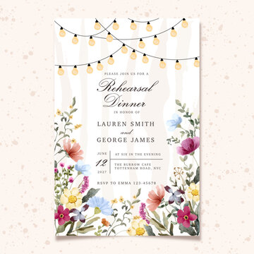 rehearsal dinner invitation with beautiful wildflower watercolor and string light background
