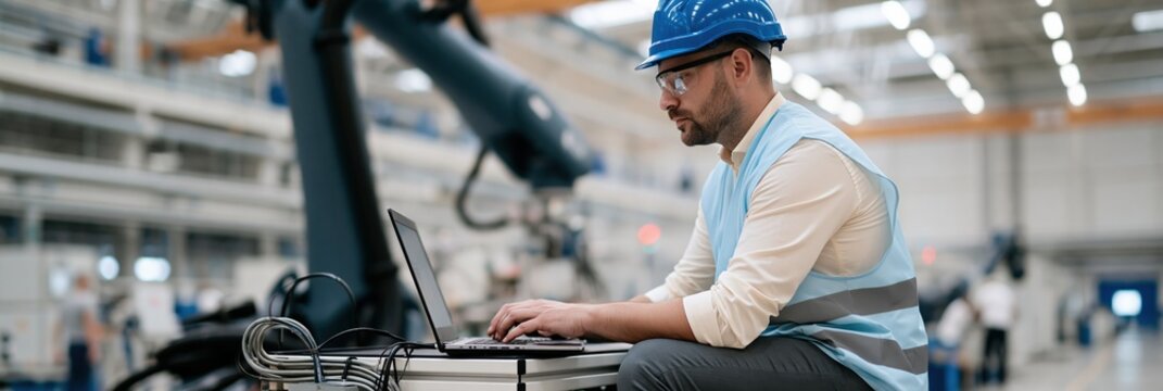 Industrial engineer with laptop testing robotic arm in manufacturing factory background for technical workspace and industrial automation design