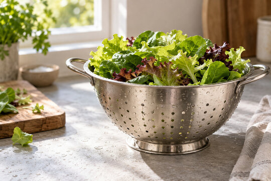 Washed salad leaves draining in a colander