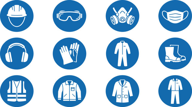 Personal protective equipment vector icons set featuring safety gear on transparent background
