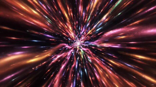 Abstract Colorful Light Rays Exploding from Center on Black Background - Vibrant, abstract streaks of colorful light burst outwards from a central point against a dark background.