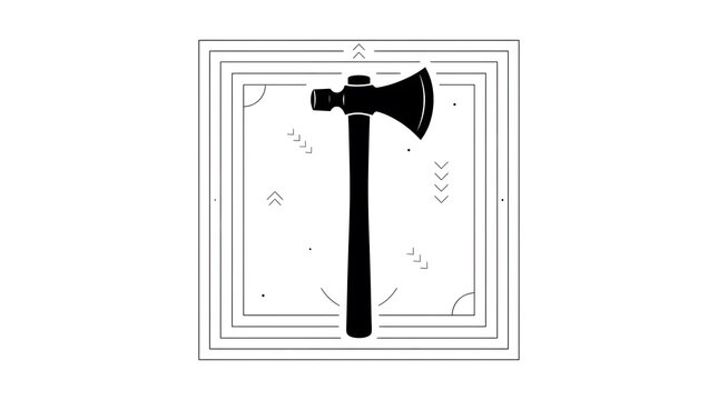Black Silhouette of an Axe in a Square Maze Frame, Tribal Art, Vector Graphic