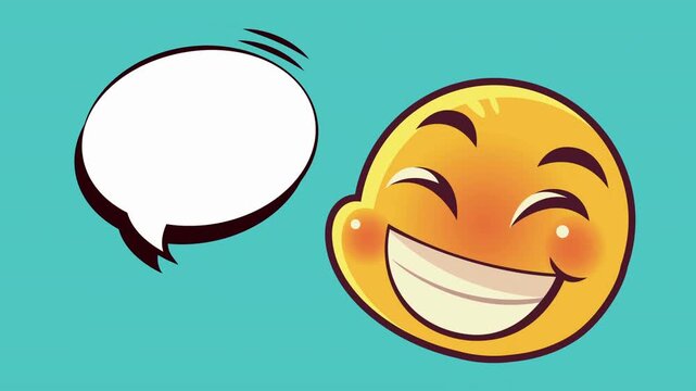 Laughing emoji with empty speech bubble appears on teal background in 2d flat style motion graphics clip.