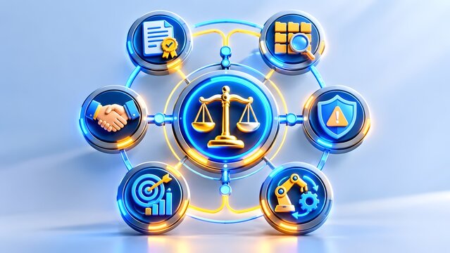 Glowing 3d justice scales connected to document, shield and robotic arm icons. Concept of legal technology and corporate compliance.