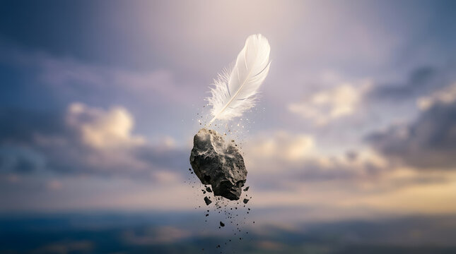 Light Feather Floats Above Levitating Stone with Sky Background